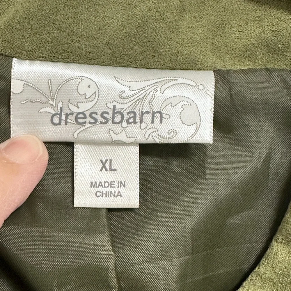 Dressbarn Women Olive Green Soft Suede Jacket Full Zip Front Lined Ruffles